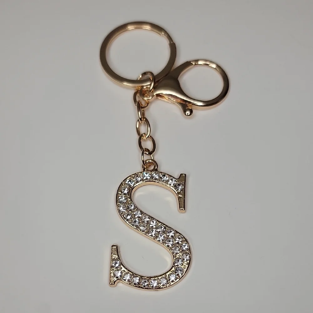 Letter S Initial S Alphabet S Rhinestone Gold Key Chain Bag Charm - Picture 1 of 7